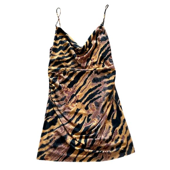 NWT WAYF Cowl Neck Side Ruche Tiger Print Dress Size L Glam Modern Luxe Cocktail - Picture 1 of 9